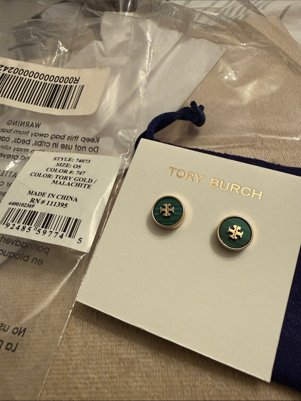 Tory Burch Gold-Tone Earrings with Green Enamel Logo